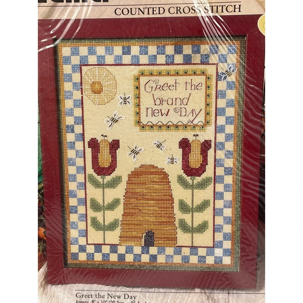 Vtg Bucilla 1710 Greet the New Day Counted Cross Stitch Kit Beehive Tulips 8x10